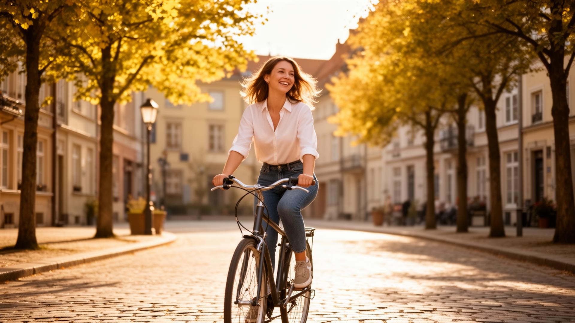 A professional cycling to work through a green Belgian peri-urban street near home